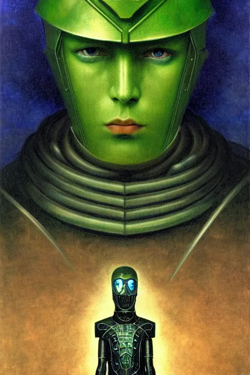 Image similar to portrait of beautiful gothic and futuristic young man, warhammer, cyber armor, a lot of scars, thunderstorm, blue head, red eyes, some green, the middle ages, highly detailed, artstation, illustration, more and more compostion, 8 k quality, art by rene magritte, jean delville