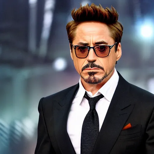 Prompt: Robert Downey Jr. with a very tired and tired face rolls his eyes, in a business black suit crossed his arms, stands indoors, the background is blurred, focus in the foreground, realism, details,