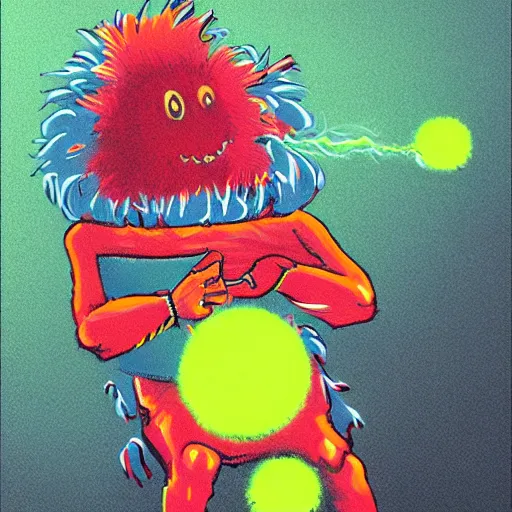 Image similar to elon musk tennis ball monster ,tennis ball, digital art, smoke, fantasy,chalk, magic, trending on artstation, ultra detailed, professional illustration by Basil Gogos