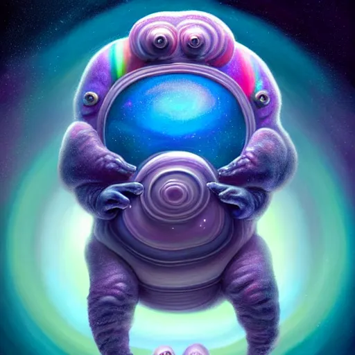 Prompt: a very real looking at tardigrade, it has rainbow hair and a beautiful unconventional face, deep space in the background, elegant, highly detailed, digital painting, artstation, realism, concept art, pop, smooth, mythological, sharp focus, qualia, illustration, art by mark ryden 3 d 8 k ultra detailed
