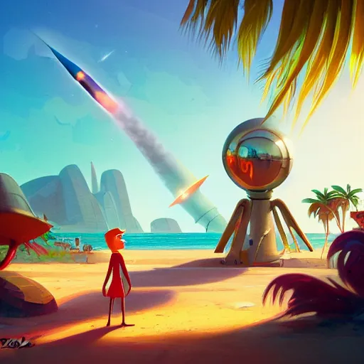 Image similar to phineas and ferb building a giant rocket ship, derek zabrocki, greg rutkowski, belsinski, beach, trending on artstation, mediterranean, palm trees, sharp focus, colorful refracted sparkles and lines, soft light