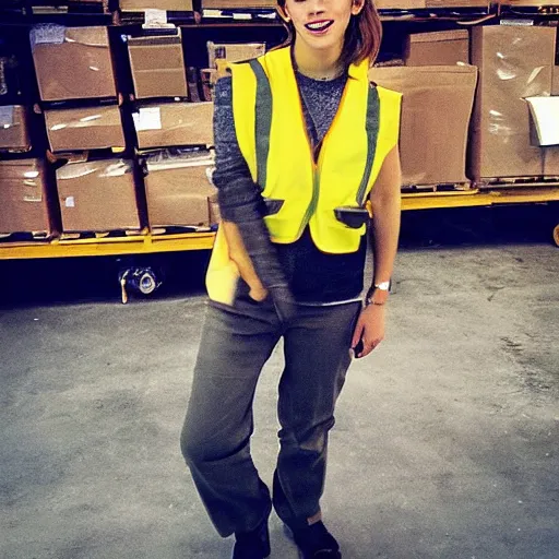 Image similar to photo, close up, emma watson in a hi vis vest, in warehouse, 2 0 0 8 android cameraphone, instagram photo, 2 6 mm,