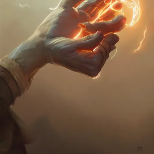 Prompt: hand glowing in white yellow light spell scroll art by artgerm and greg rutkowski and Craig Mullins, James Jean, Andrey Ryabovichev, Mark Simonetti and Peter Morbacher 16k