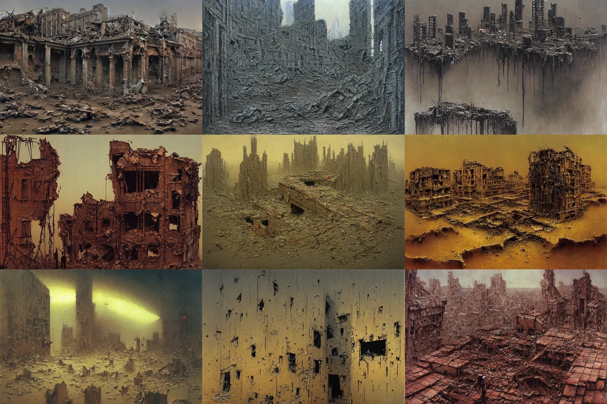 Prompt: destroyed buildings and melting people, beksinski
