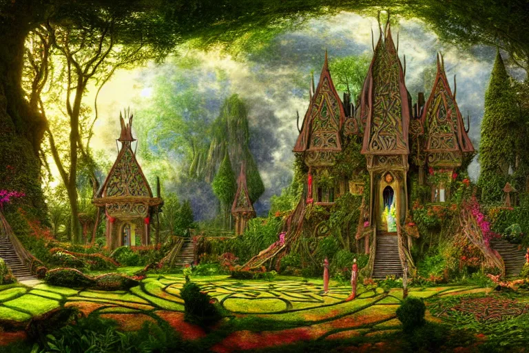 Image similar to a beautiful and highly detailed digital painting of an elven palace in a beautiful garden in a mystical forest, psychedelic patterns, celtic designs, intricate details, epic scale, cgsociety, 8 k, sharp focus, hyperrealism, by caspar friedrich, albert bierstadt, james gurney, brian froud,