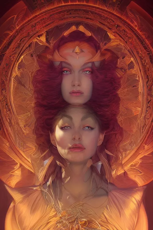 Prompt: portrait of a beautiful sorceress by artgerm, symmetrical, vivid color, complementary color, golden ratio, detailed, sharp lines, sharp focus, intricate, rainbowshift, by maxfield parrish, by peter mohrbacher, by gustave dore, by alphonse mucha, deviantart, octane render