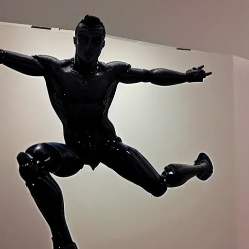 Prompt: “a realistic detailed photo of a guy who is an attractive humanoid who is half robot and half humanoid, who is a male android, British diver Tom Daley, shiny skin, posing like a statue, blank stare, at the museum, on display”