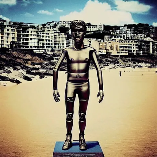 Image similar to “ a realistic detailed photo of a guy who is an attractive humanoid who is half robot and half humanoid, who is a male android, soccer player antoine griezmann, shiny skin, posing like a statue, blank stare, at the beach, on display ”