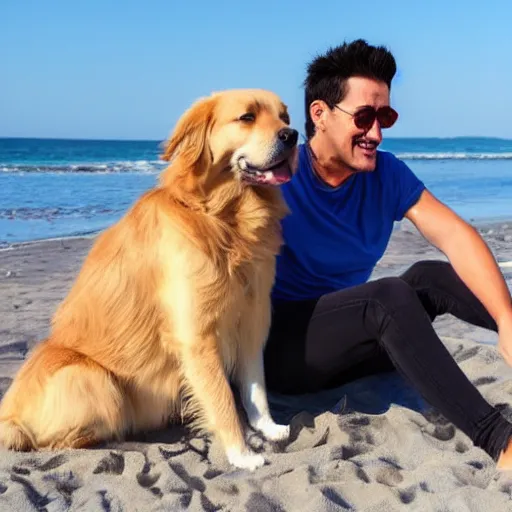 Prompt: markiplier sitting on the beach with a golden retriever. photograph. low angle. high quality.