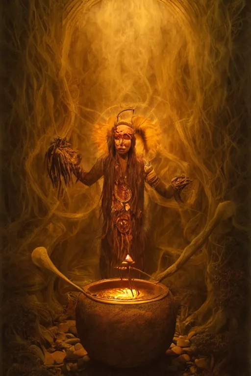 Image similar to a centered render of a wise and mystical tribal shaman brewing a cauldron that summons the souls of ancestors past, cinematic, beautifully lit, by brian froud, by karol bak, by donato giancola, 3 d, trending on artstation, octane render, 8 k