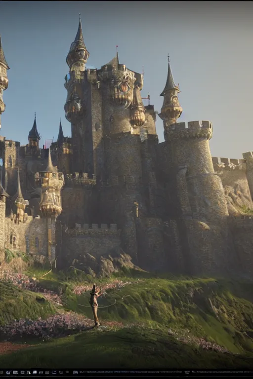 Image similar to a person standing in front of a castle, a detailed matte painting by senior environment artist, cgsociety contest winner, baroque, rendered in unreal engine, unreal engine 5, CryEngine