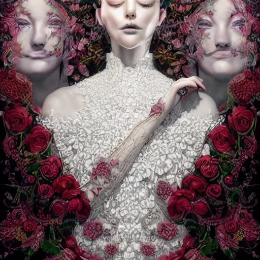 Image similar to the portrait of an absurdly beautiful, graceful, elegant, sophisticated, fashionable young woman made of strawberries and white petals looking down, an ultrafine hyperdetailed illustration by kim jung gi, irakli nadar, intricate linework, bright colors, octopath traveler, final fantasy, unreal engine 5 highly rendered, global illumination, radiant light, detailed and intricate environment