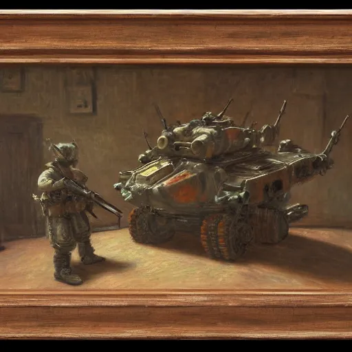 Prompt: Still life of a combat mech surrounded by its weapons, inspired by Henri Fantin-Latour