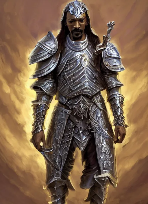 Image similar to snoop dogg as a paladin, short beard, grumpy, intricate plate armor, Ivan Aivakovsky, Boris Vallejo, epic fantasy character art, D&D Concept Art, full length, Realistic, Regal, Refined, Detailed Digital Art, Oil Paining, Exquisite detail, post-processing, masterpiece, Cinematic Lighting, Unreal Engine, 8k, HD, Stanley Artgerm Lau, WLOP, Rossdraws, Frank Frazetta, Andrei Riabovitchev, Marc Simonetti, trending on artstation,