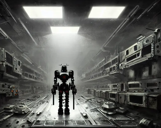 Image similar to robo in gloomy ruined server room in datacenter robot painting concept art of automata rusty steel robot knight colossus welder pacing mono eyed, sharp focus, emitting diodes, smoke, artillery, sparks, racks, motherboard, by pascal blanche rutkowski repin artstation hyperrealism detailed character design matte painting, 4 k resolution blade runner