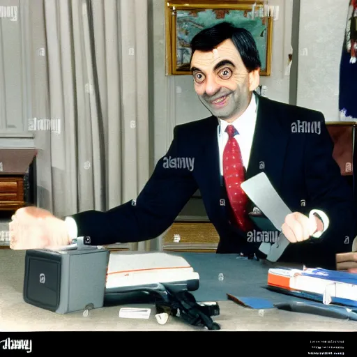 Image similar to Mr Bean elected as the president of the United States, 1980 colour photo