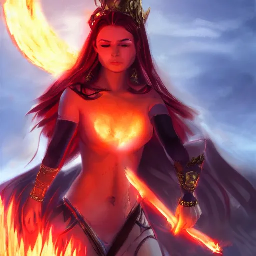 Image similar to Fire giantess, **giving lap pillow**, fire in hand, warrior queen, concept art, artstation, 4k