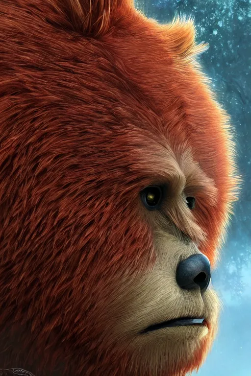 Prompt: a beautiful closeup shot from a fantasy film of a humanoid red owlbear wearing a loose tunic. an anthropomorphic owlbear. fantasy, frown, intricate, elegant, highly detailed, digital painting, artstation, concept art, matte, sharp focus, illustration, art by artgerm and greg rutkowski and alphonse mucha