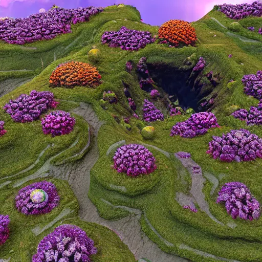 Prompt: a flowering alien landscape in the style of midjourney, 8 k, unreal engine, zbrush,