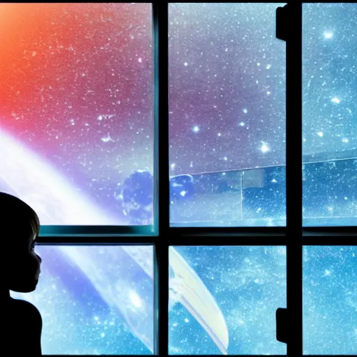 Prompt: a partial silhouette of a girl looking out a large window at a space scene, lofi aesthetic volumetric lighting, dramatic, realistic, intense,