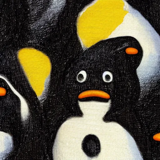 Image similar to a memorial for pingu, painting, the style of goya, medium close up