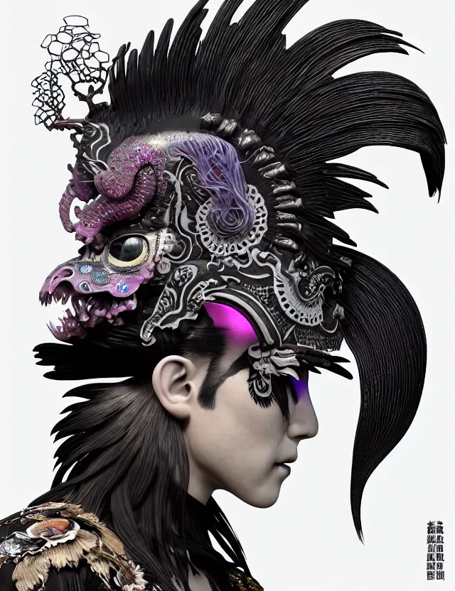 Image similar to 3 d coherent goddess close - up profile portrait punk with mohawk with ram skull. beautiful intricately detailed japanese crow kitsune mask and clasical japanese kimono. betta fish, jellyfish phoenix, bio luminescent, plasma, ice, water, wind, creature, artwork by tooth wu and wlop and beeple and greg rutkowski