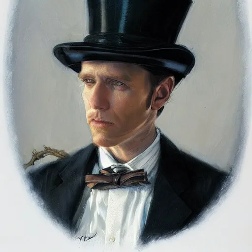 Image similar to portrait of a dapper man with a skull helmet and top hat, by donato giancola.