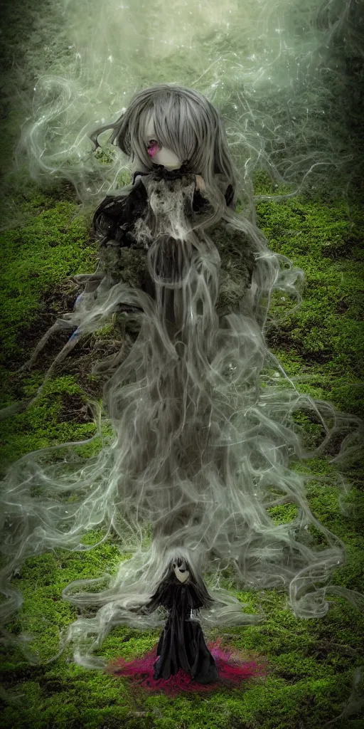 Prompt: cute dark wraith fumo plush girl fallen gothic maiden floating amid the mossy rosy grandeur gate of the fallen kingdom, tattered striped trailing dress of glowing wispy melting billowing smoke tendrils, ethereal volumetric light shaft fog, puddles, color contrast, rule of thirds, vignette, bokeh, vray - w 7 6 8