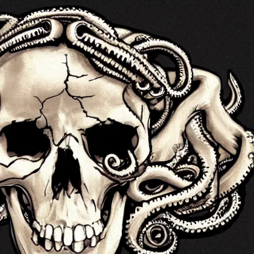 Image similar to skull of a pirate with tentacles protruding out of it's eye socket at the bottom of the ocean photo realistic