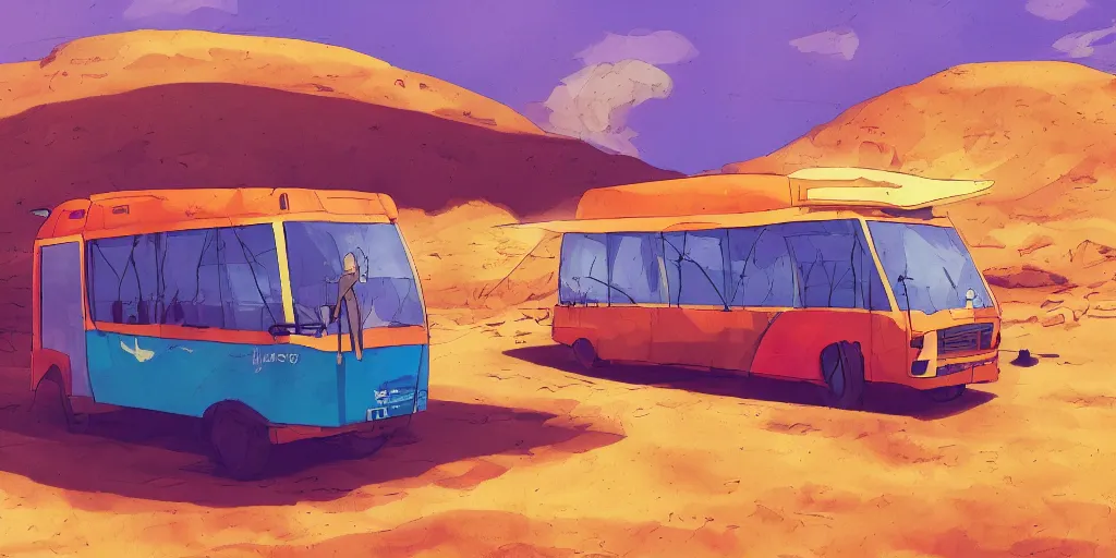 Image similar to an israeli bus driving in the negev, noon, sunlights, wide shot, digital art, ghibli style, vivid colors, flat colors, trending on artstation, high quality