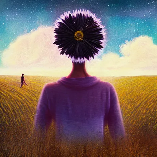 Image similar to giant daisy flowers as a head, girl walking in wheat field, hills, surreal photography, moon light, dark night, star trails, dramatic light, impressionist painting, clouds, digital painting, artstation, simon stalenhag