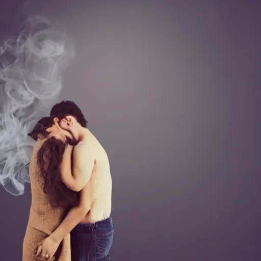 Prompt: 2 lovers huggin with their bodies turning to smoke