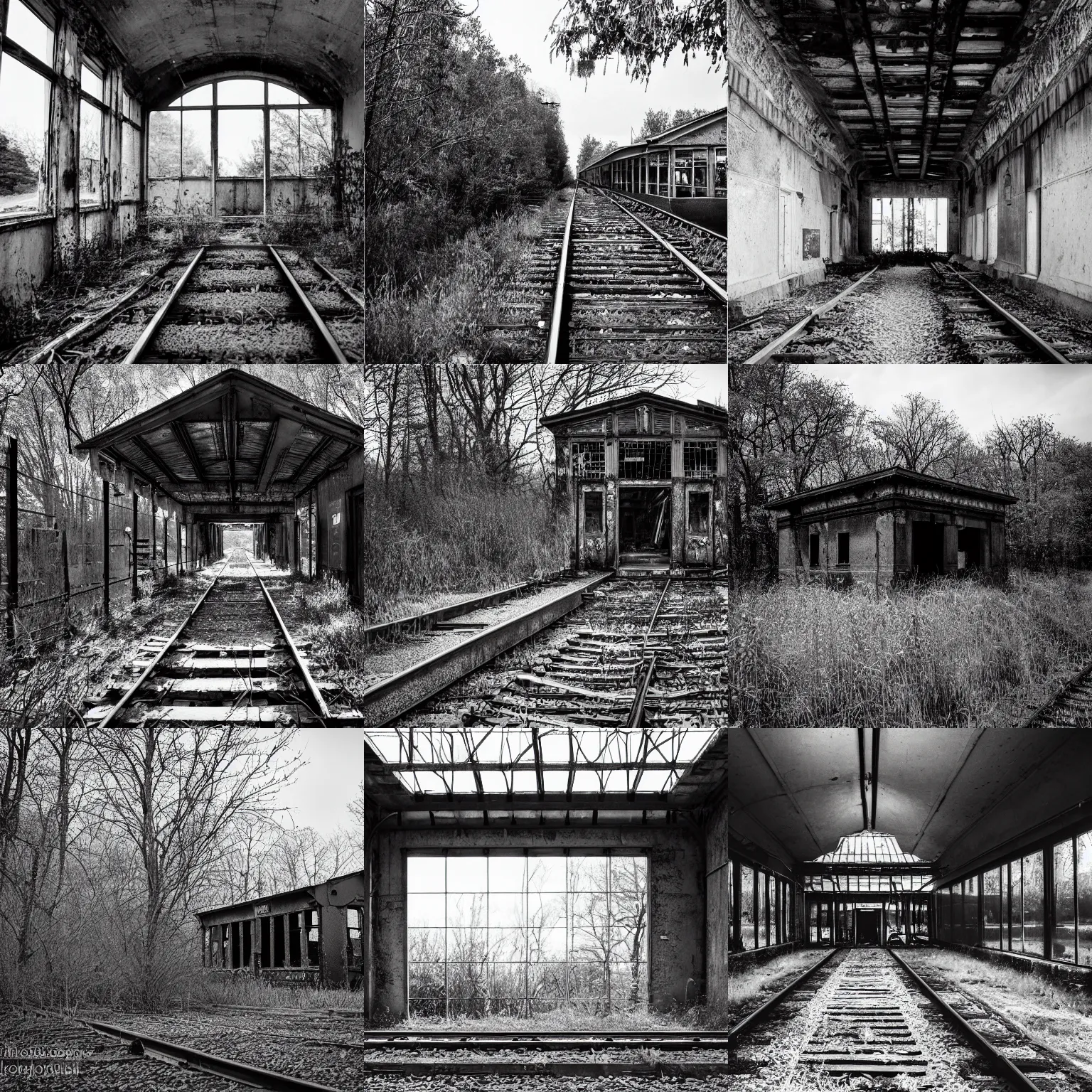 Prompt: fine art photography of a abandoned old train station in the middle of nowhere, overgrown, black and white photography 3 5 mm