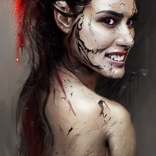 Image similar to portrait of an woman by Greg Rutkowski, she is about 20 years old, pretty, long brown wavy hair, tribal tattoos on her face, scar near her mouth that makes her look like she's smiling all the time, wearing black sith robes, Star Wars Expanded Universe, highly detailed portrait, digital painting, artstation, concept art, smooth, sharp foccus ilustration, Artstation HQ