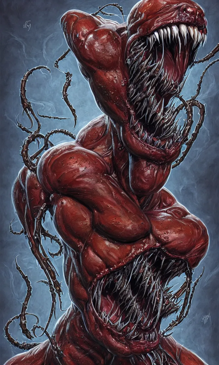 Image similar to legs and feets study of hyper realist full body long shot portrait of bodybuilder venom from marvel comics!!!!, large mouth with teeth, large tongue, lovecraftian horror!!, fantasy, intricate, elegant, highly detailed, digital painting, artstation, concept art, matte, sharp focus, illustration, art by glenn fabry and giger