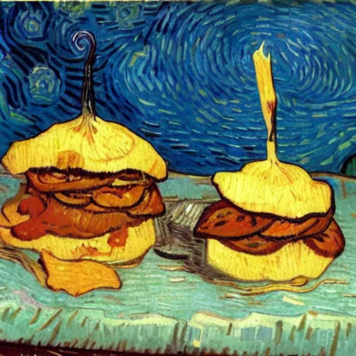 Image similar to onion steak sandwich painted by Van Gogh