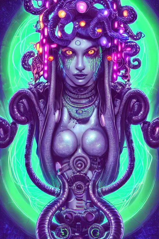 Image similar to Perfectly-centered hyperdetailed symmetrical cinematic surreal arthouse aetherpunk RPG professionally made portrait-illustration of a cyberpunk Medusa dressed in a cosmic horror dress with long ravepunk snakes as hair standing next to luminiscent otherworldly towers, neon-noir lovecraftian blurred background, HDR digital art in comic-book cover style, 3D rim light, professional post-processing, 3d final render, masterpiece, trending on Gsociety and Artstation