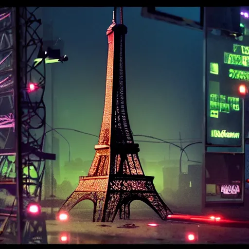 Image similar to A beautiful intricate 8K award-winning ground-level cinematic movie photograph of the future fallen and decaying Eiffel Tower, surrounded by neon and collapsing corporate video billboard displays. in the year 2050, by Bruno Delbonnel and greg rutkowski. octane render, Arri Alexa 65. Cinematic lighting