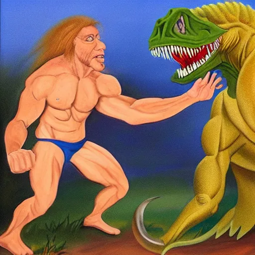 Image similar to a realistic muscular blonde neanderthal man fighting dinosaur, painting