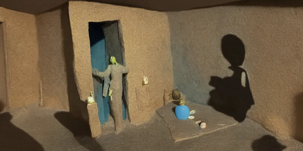 Prompt: plasticine sculpture stop motion. salvador dali clay models. visitor. shadows. gallery paintings of flowers. water on the floor. room with a hole in wall. john craxton. high detail. photorealistic