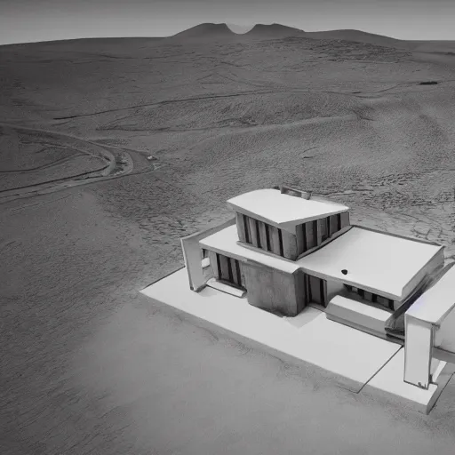 Image similar to brutalist villa in middle of a desert, aerial view, photorealistic render in octane