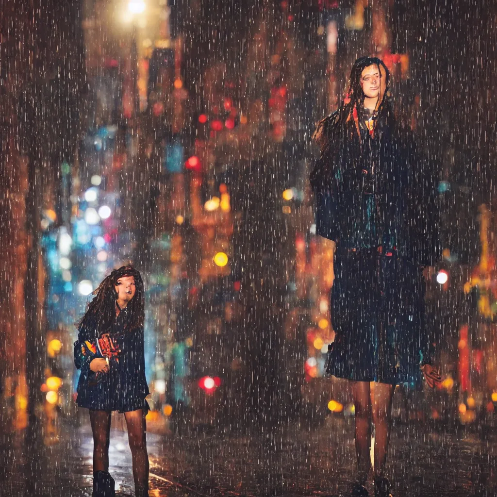 Image similar to night flash portrait photography of a high school girl in uniform on the lower east side by annie leibovitz, colorful, nighttime!, raining!