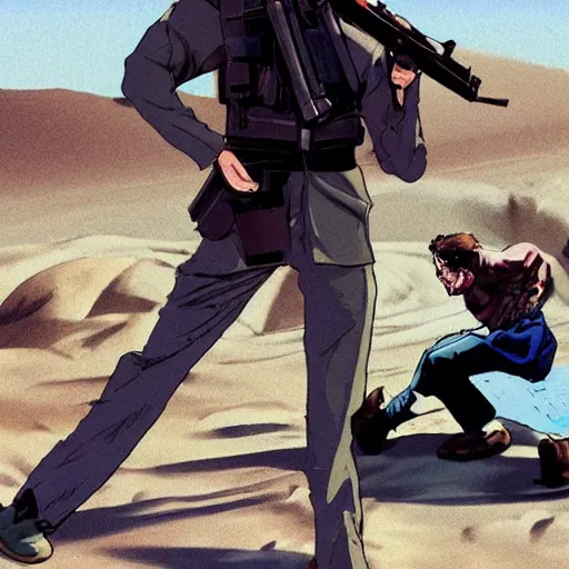 Prompt: george soros wrestling posing with an ak 4 7 in the desert anime stlye