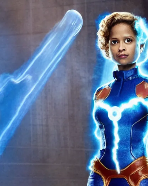 Image similar to beautiful actress gugu mbatha - raw dressed superhero sue storm in live action fantastic four movie, gugu is practicing creating a giant iridescent soap like bubble force field around her body. she is wearing sue storm ’ s invisible woman costume