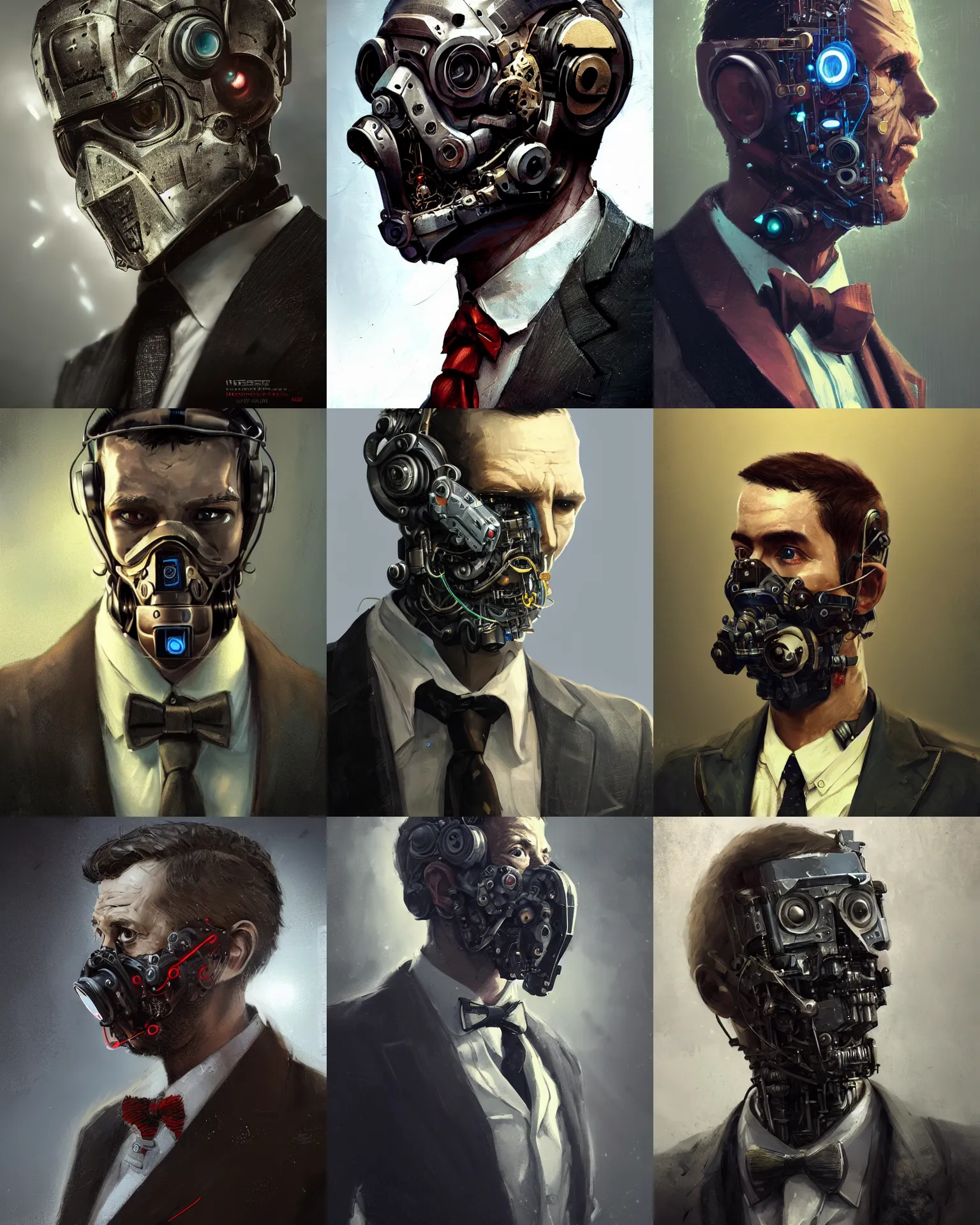 Prompt: a rugged young engineer man with cybernetic enhancements wearing a suit and bowtie, detailed mask, scifi character portrait by greg rutkowski, esuthio, craig mullins, 1 / 4 headshot, cinematic lighting, dystopian scifi gear, gloomy, profile picture, mechanical, half robot, implants, steampunk