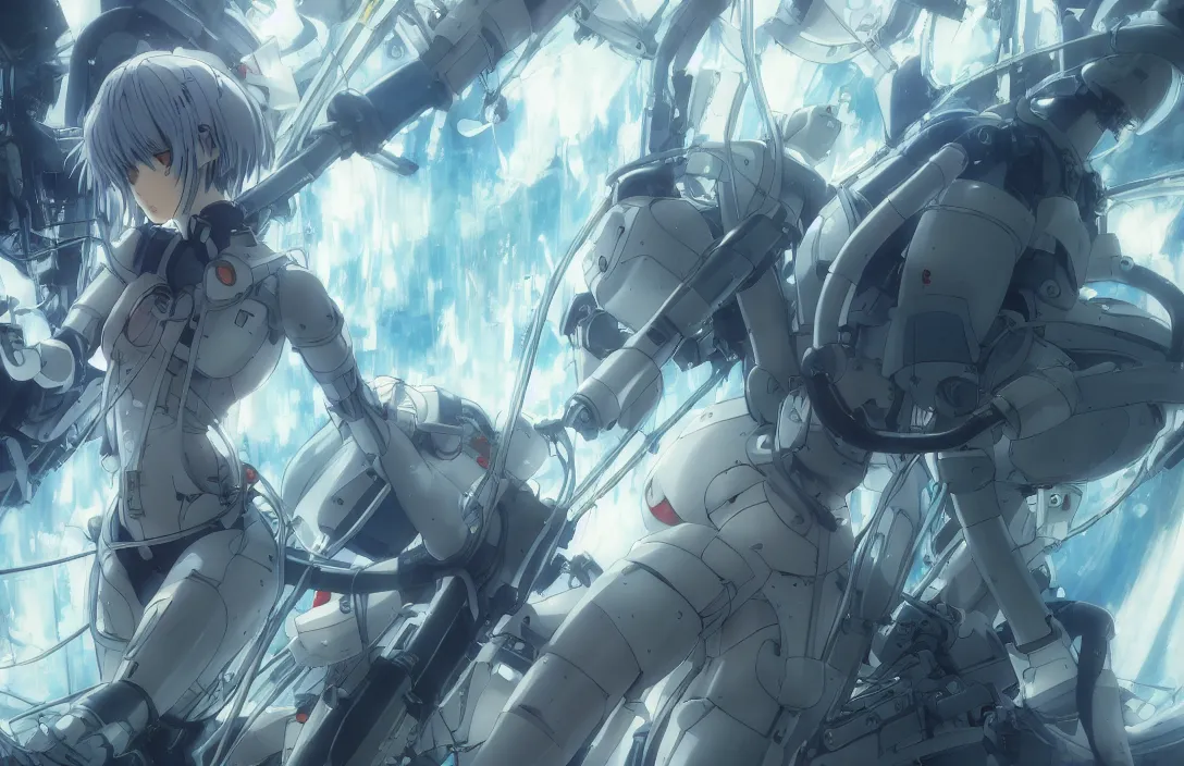 Image similar to Rei Ayanami, female anime character, technological rings, inside a space station, shot from the ground by Yoshiyuki Sadamoto, environment concept, digital art, trending on artstation, low level, 8K UHD image, octane render, Howl's Moving Castle, tranquil divine observer Nymph by ismail inceoglu nicola samori dragan bibin hans thoma greg rutkowski Alexandros Pyromallis Nekro Rene Margitte illustrated, official anime key media, hyper realistic vfx simulation, intricately detailed