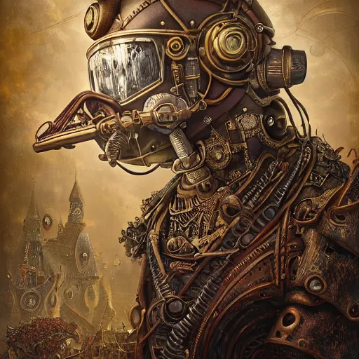 Image similar to dan mumford tom bagshaw, dream world curiosities carnival flying, photorealistic octane render of a single very beautiful helmet full long steampunk metallic armored ornate, partial symmetry accurate features, focus, very intricate ultrafine details, award winning masterpiece, steampunk world