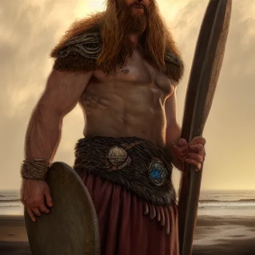 Prompt: portrait of a viking, male standing on the beach facing camera, epic fantasy, detailed, intricate, digital painting, concept art, realistic, smooth, focus, rim light