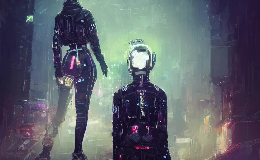 Image similar to skill magic deepdream guard girl cyberpunk futuristic, reflective puffer jacket, black leggings from the back radiating a glowing aura by ismail inceoglu dragan bibin hans thoma, perfect face, fine details, realistic shaded, fine - face, pretty face