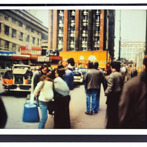 Prompt: wide - shot low angle of people in the busy street, polaroid photo, by andy warhol